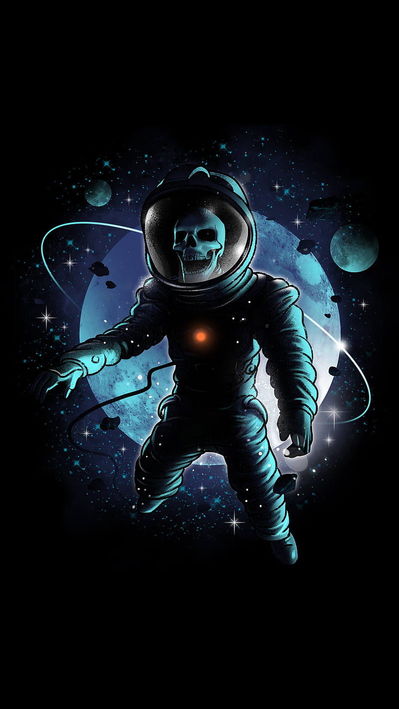 Forgotten Astronaut, astronaut, black, galaxy, skull, space, stars, HD phone wallpaper