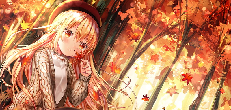 Pretty anime girl, autumn, sitting, trees, fall, smiling, cute, Anime, HD  wallpaper | Peakpx