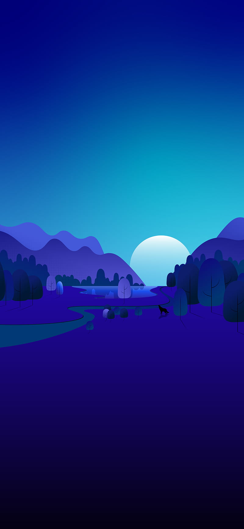 moon, mountains, trees, vector, cartoon, art, blue, HD phone wallpaper