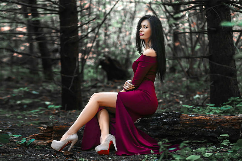 Elegant Woman Posing in the Forest, brunette, high heels, dress, model, forest, HD wallpaper