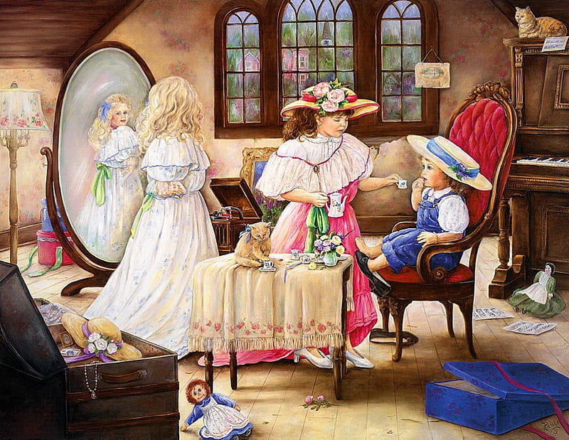 Three sisters, dolls, art, window, view, sisters, bonito, painting, mirror, girls, room, fashion, lady, toys, HD wallpaper