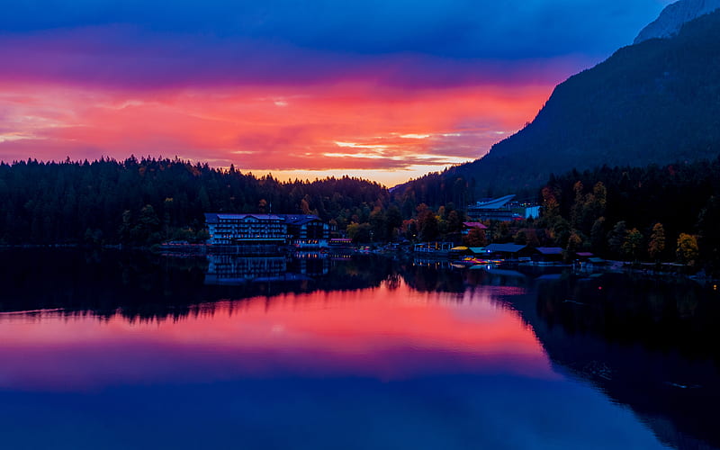 Bavaria sunset, lake, forest, Germany, Europe, HD wallpaper