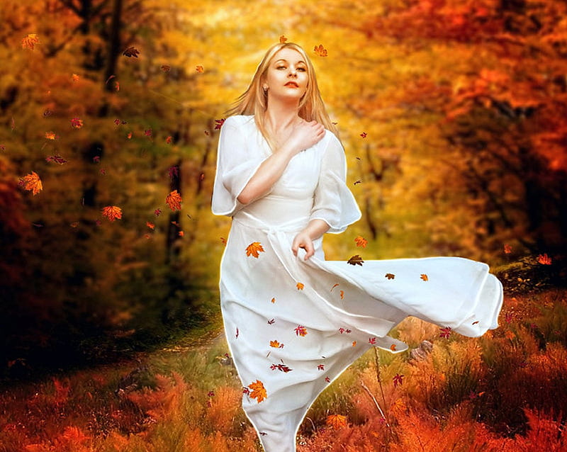~The Path of Autumn~, fall, autumn, models, lovely, colors, love four seasons, bonito, creative pre-made, digital art, leaves, emotional, people, weird things people wear, girls, lady, HD wallpaper