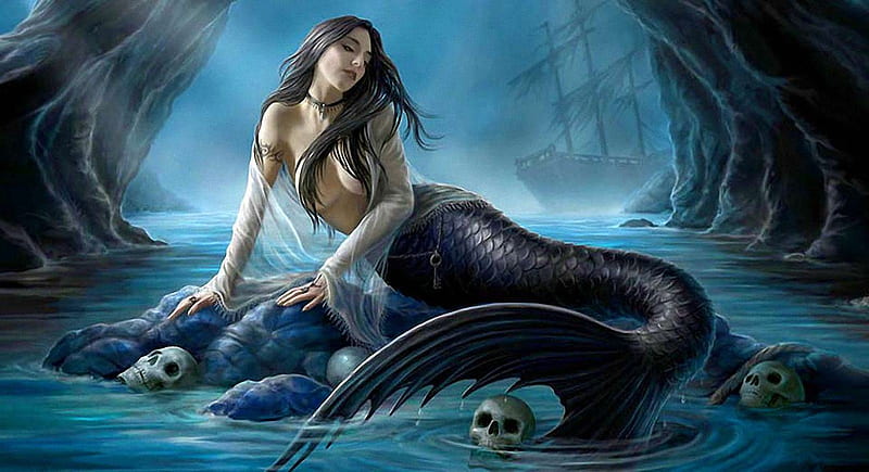 Siren of the Seas, skulls, mermaid, ship, sea, wreck, HD wallpaper