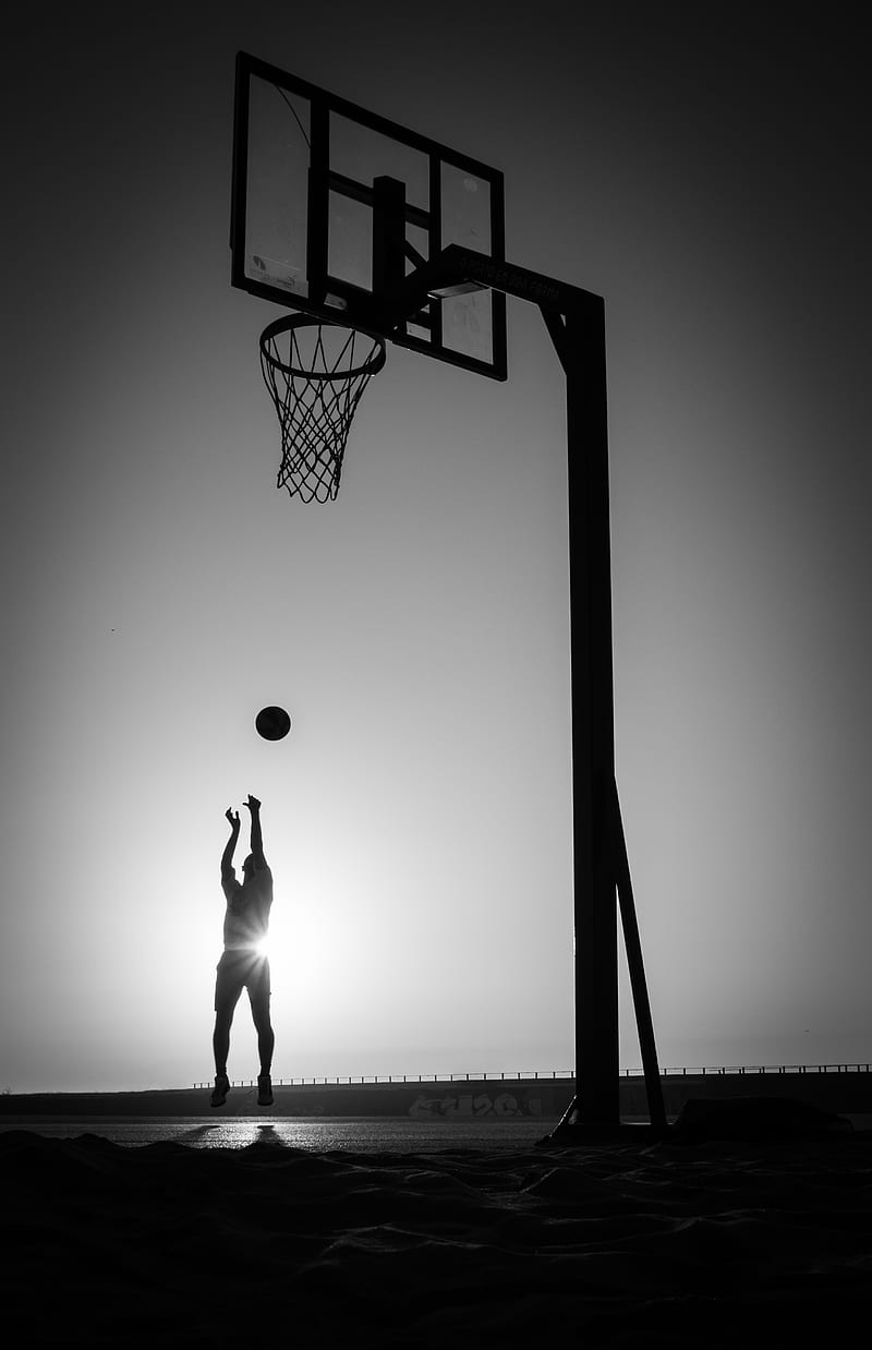 silhouette, jump, ball, basketball, sport, black and white, HD phone wallpaper