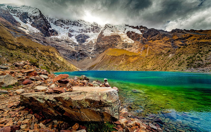 glacial lake, mountain landscape, fog, emerald mountain lake, HD wallpaper