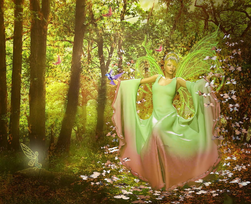 ✰Enchanting Forest in Spring✰, rocks, wonderful, magic, angels, sweet, fantasy, butterfly, splendor, grasses, love, bright, flying flutter, beauty, forests, insects, fairy, wings, lovely, birds, trees, cute, 3Dimensional art, cool, splendidly, scenes, colorful, woods, bonito, seasons, digital art, leaves, green, wild, fairies, animals, amazing, fantastic, colors, spring, butterflies, freshness, enchanting, plants, magical, HD wallpaper
