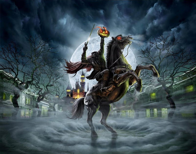 Headless Horseman At Disney, halloween, trees, horse, storm, fog, moon, rider, pumpkin, castle, sword, HD wallpaper