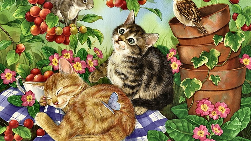 cats-artwork-cherries-tree-cat-songbird-cherry-painting-animal-squirrel-feline-sparrow-pet-art cute, Beeren, Vogel, Freunde, Cats, Deutschland, HD wallpaper