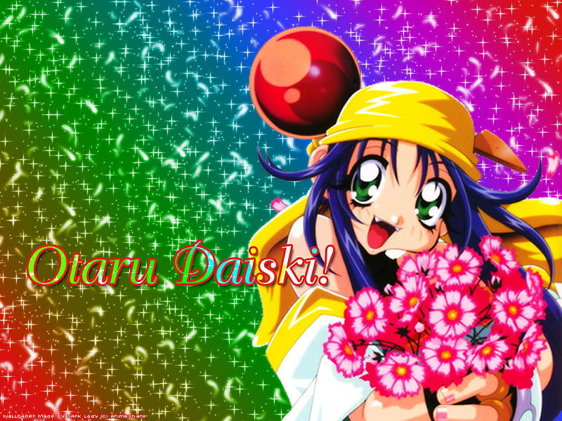 Otaru Daiski!, bandana, otaru daiski, rainbow, lime, girl, anime, flowers, saber marionette j, long hair, HD wallpaper