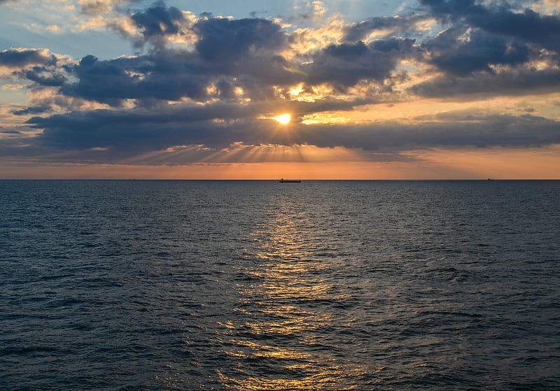 sea, horizon, sunset, ripples, waves, ship, HD wallpaper