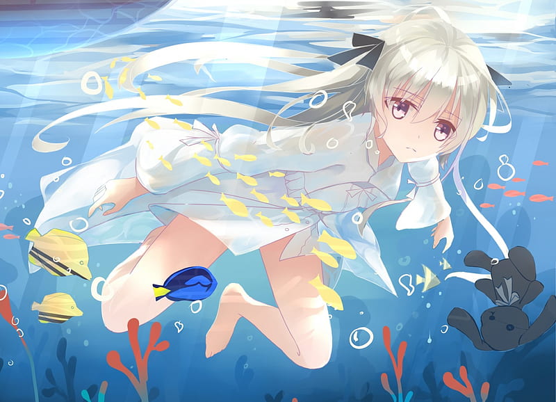 An Afternoon Dip In The Sea, underwater, fish, ocean, kasugano sora, sea, anime, yosuga no sora, swimming, light, HD wallpaper