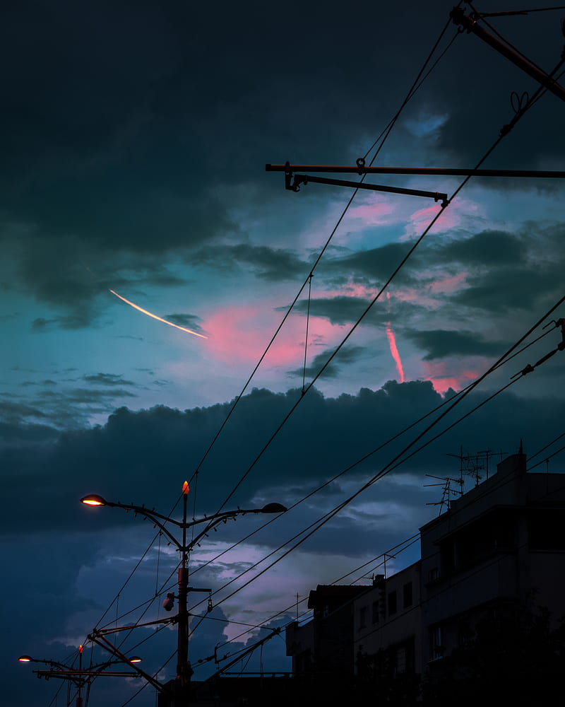cable, poles, lights, city, twilight, dark, HD phone wallpaper