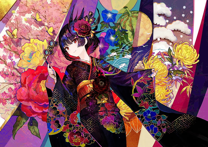 Girl, anime, flower, manga, fuji choko, kimono, chrysantemum, colorful ...