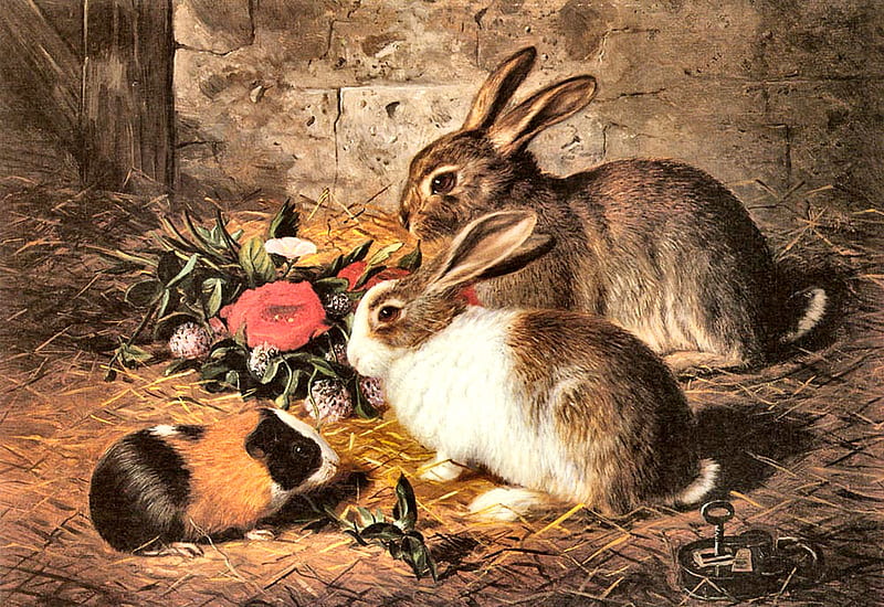 Two Rabbits and a Guinea Pig F, art, bonito, illustration, artwork, painting, wide screen, guinea pig, rabbits, farm animals, HD wallpaper