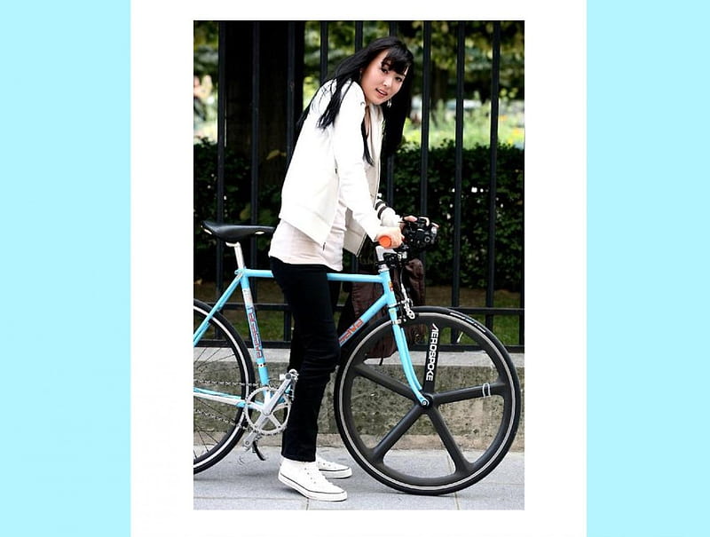 brunette, asian, cute, bicycle, hot, HD wallpaper