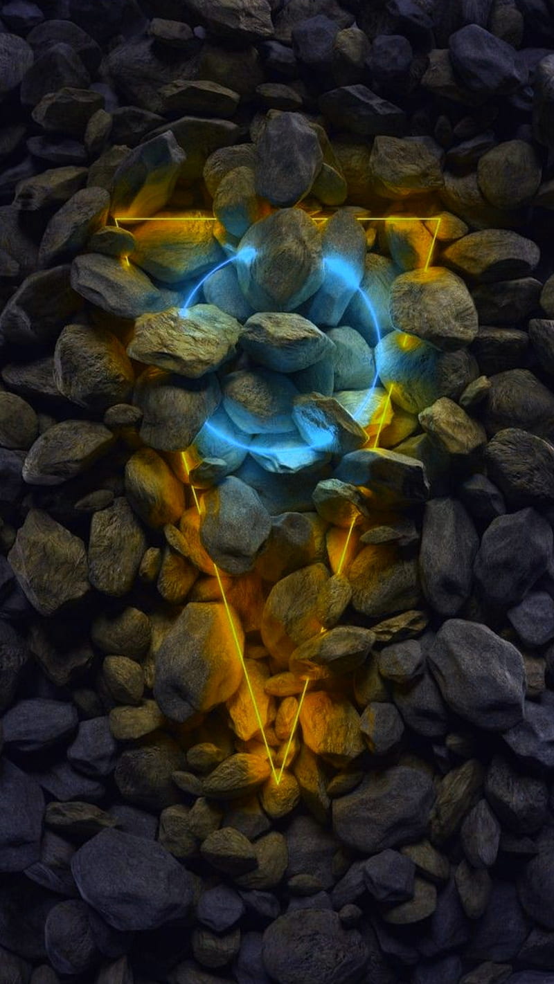 Stones, blue, dark, neon, rocks, stone, triangle, yellow, HD phone wallpaper