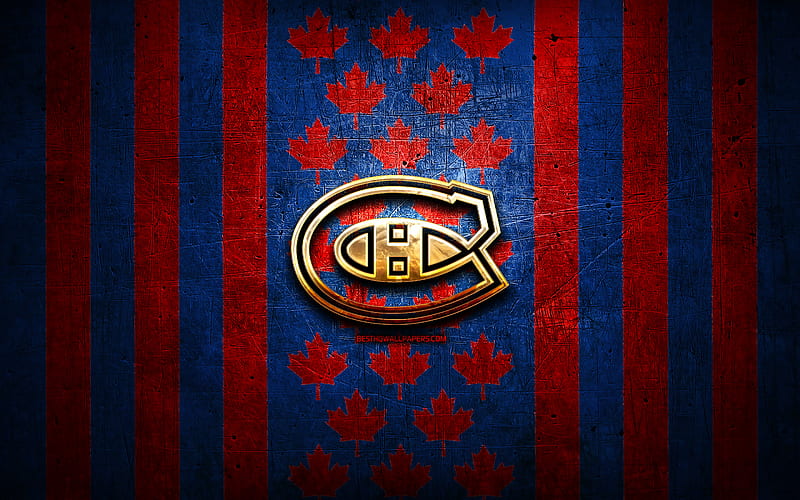 Montreal Canadiens flag, NHL, red blue metal background, canadian hockey team, Montreal Canadiens logo, Canada, hockey, golden logo, Montreal Canadiens, HD wallpaper
