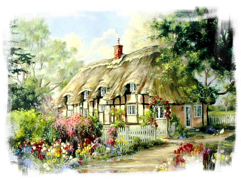 Tulip Time F2, art, house, bell, thatched roof, artwork, marty bell, building, tudor, painting, garden, scenery, tulip, HD wallpaper