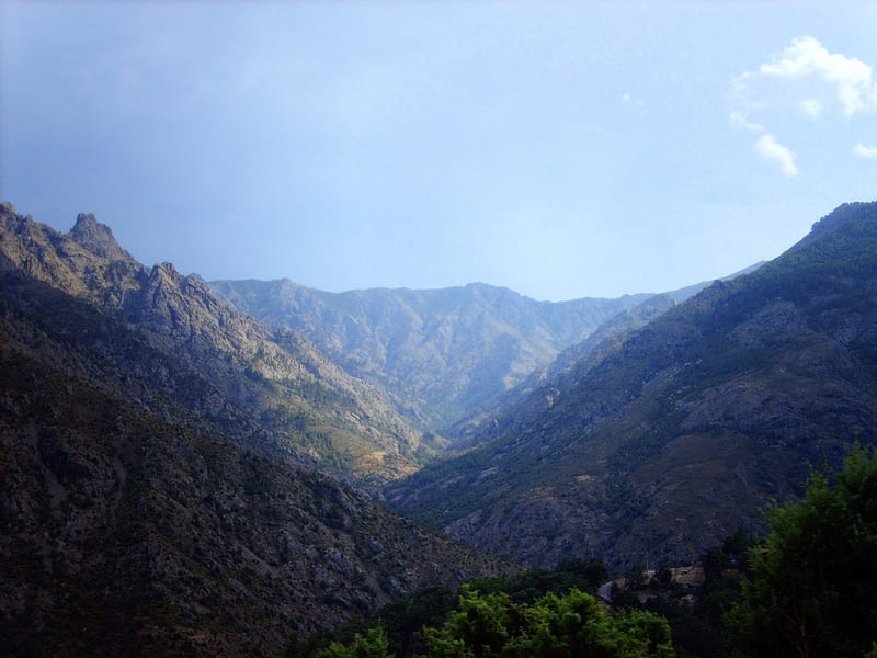 Corsican mountains, soft colors, Corsican, mountains, mist, HD wallpaper
