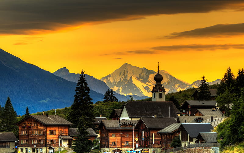 Blitzingen, mountains, sunset, summer, Switzerland, Europe, HD wallpaper