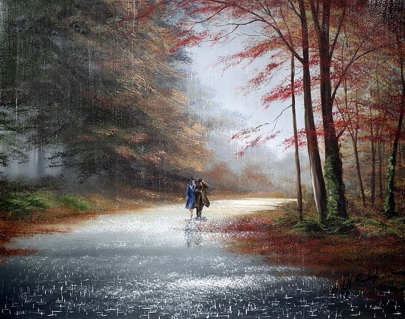 Jeff Rowland, art, autumn, nature, rain, couple, HD wallpaper