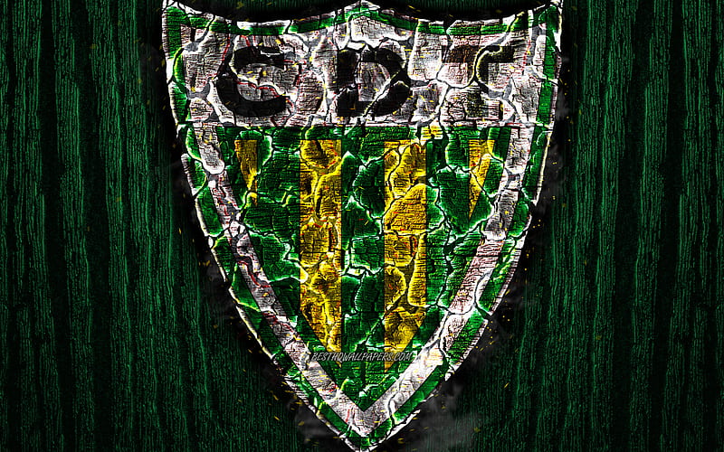 CD Tondela, scorched logo, Primeira Liga, green wooden background, portuguese football club, Tondela FC, grunge, football, soccer, Tondela logo, fire texture, Portugal, HD wallpaper