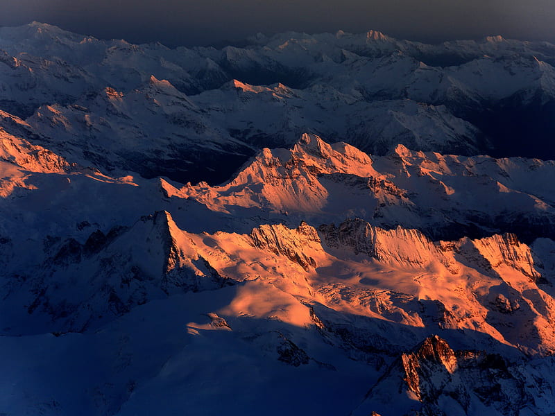 mountains, snow, aerial view, landscape, dusk, HD wallpaper