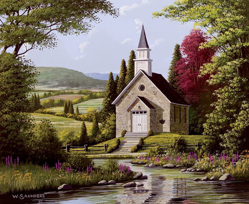 Country Church, pond, art, painting, country, church, HD wallpaper