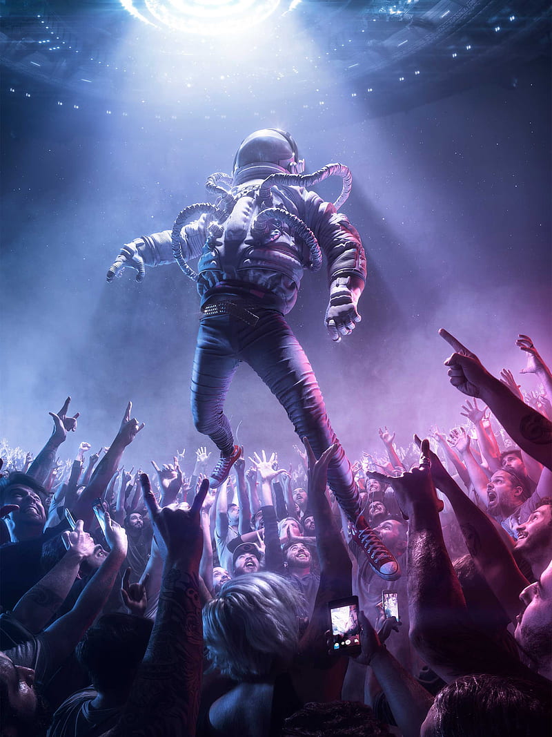Astronaut Crowd, fly, future, hands, rockstar, space, star, HD phone wallpaper