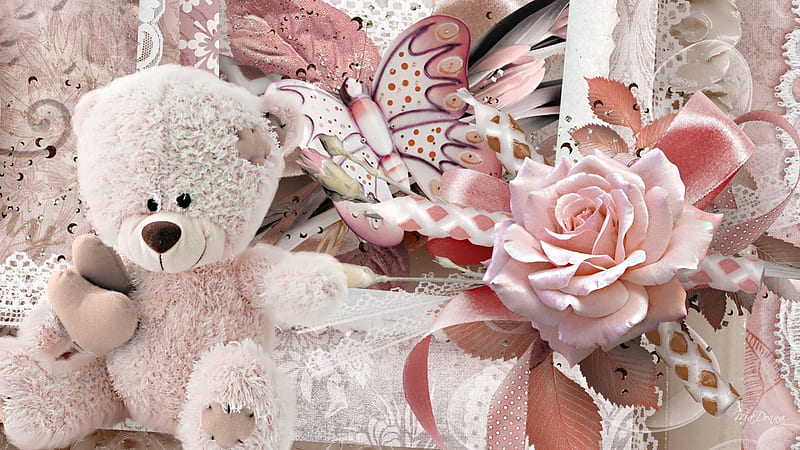 Happy Teddy Bear, flowers, rose, lace, toy, soft, ribbons, sweet, butterfly, papillon, flowers, pink, vintage, HD wallpaper