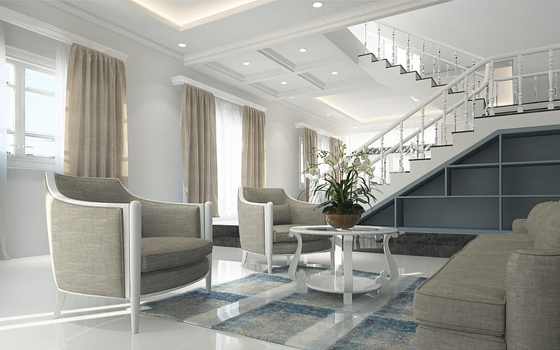 modern stylish interior, two-story apartments, interior design, living room design, stylish gray armchairs, HD wallpaper