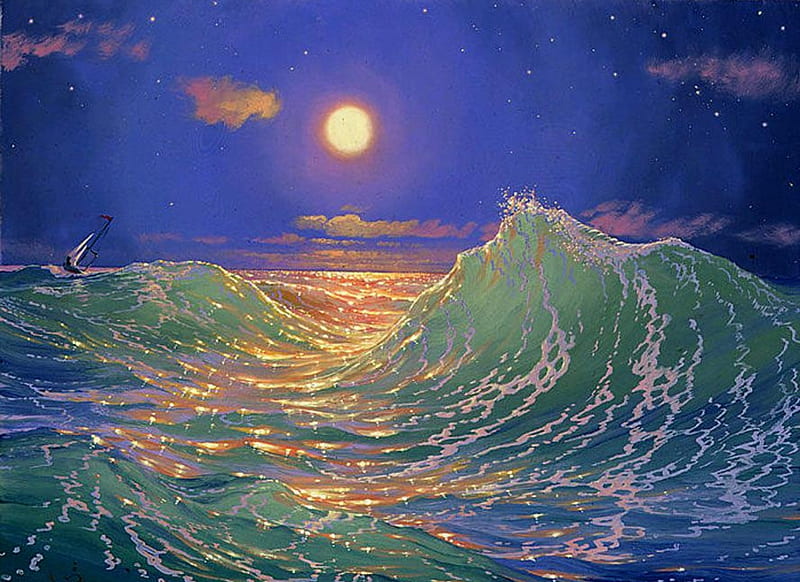 Moonlight Waves, moon, water, boat, ship, full moon, ocean, waves, clouds, HD wallpaper