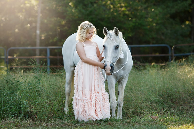 Little girl, pretty, grass, adorable, sunset, sweet, sightly, nice, love beauty, face, child, bonny, lovely, blonde, pure, baby, cute, white, Hair, little, Nexus, bonito, dainty, animal, kid, graphy, Horse, fair, green, people, pink, Belle, comely, Standing, tree, girl, nature, princess, childhood, HD wallpaper