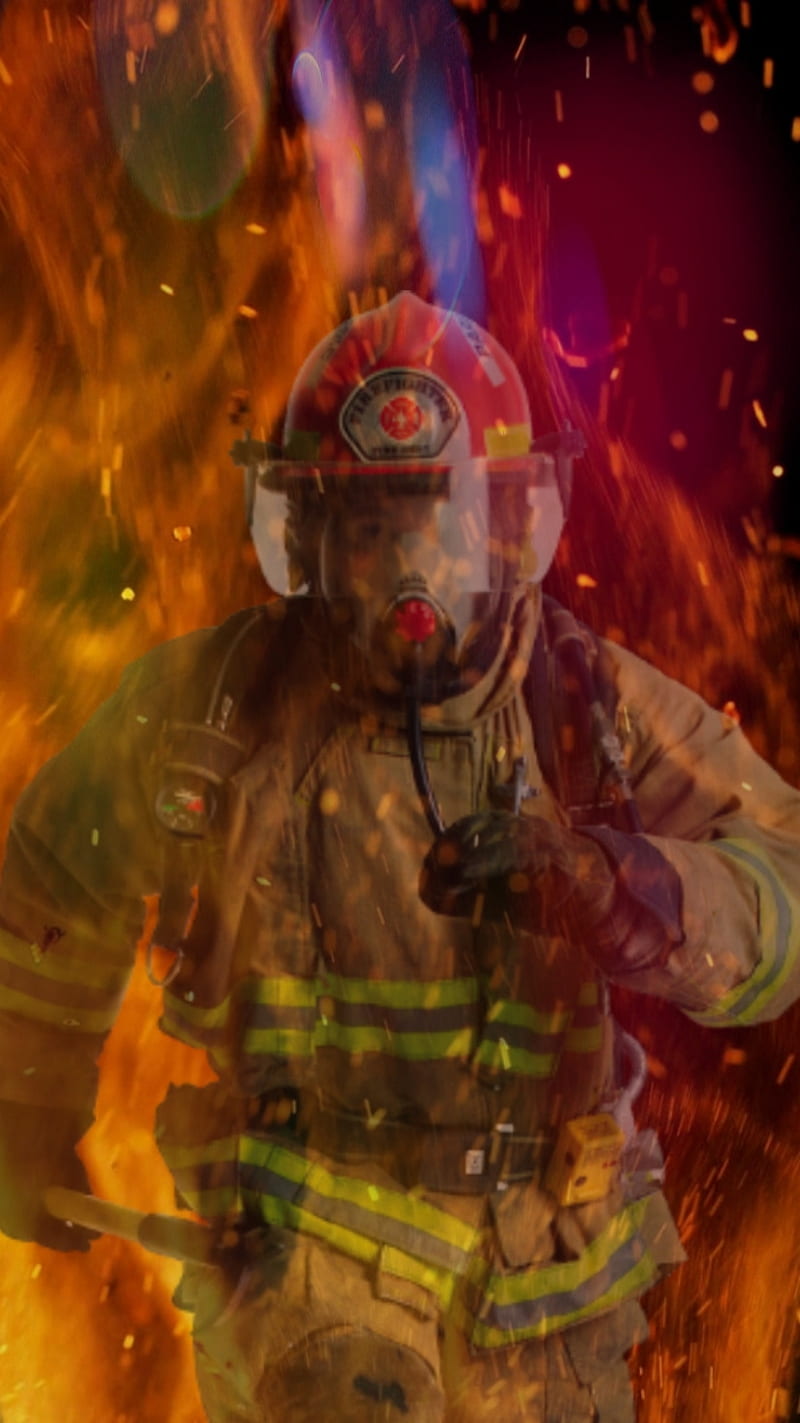Firefighter, orange, strażak, help, art, fire, hero, ogień, HD phone wallpaper