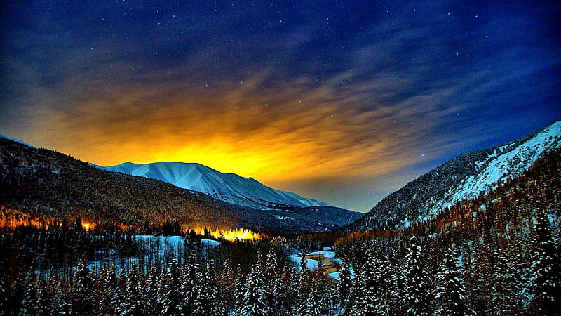 Starry Winter Night in Alaska, sunset, snow, sky, mountains, HD wallpaper