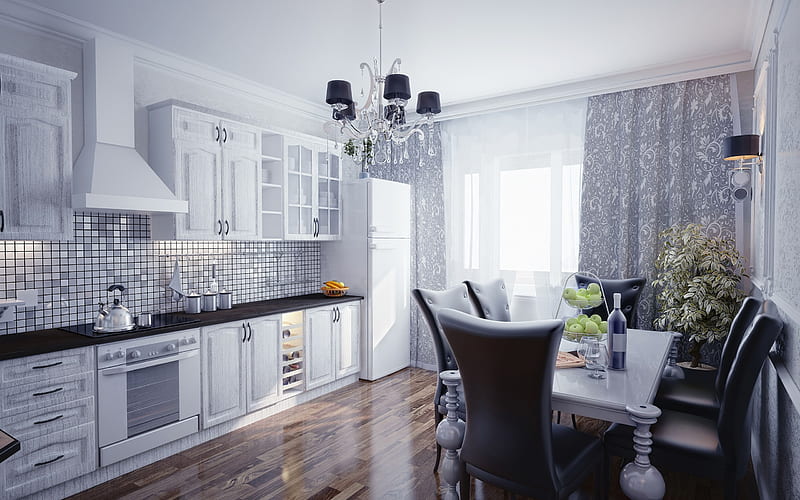 classic kitchen interior, light colors, modern kitchen design, stylish interior design, white kitchen, luxurious interior, HD wallpaper