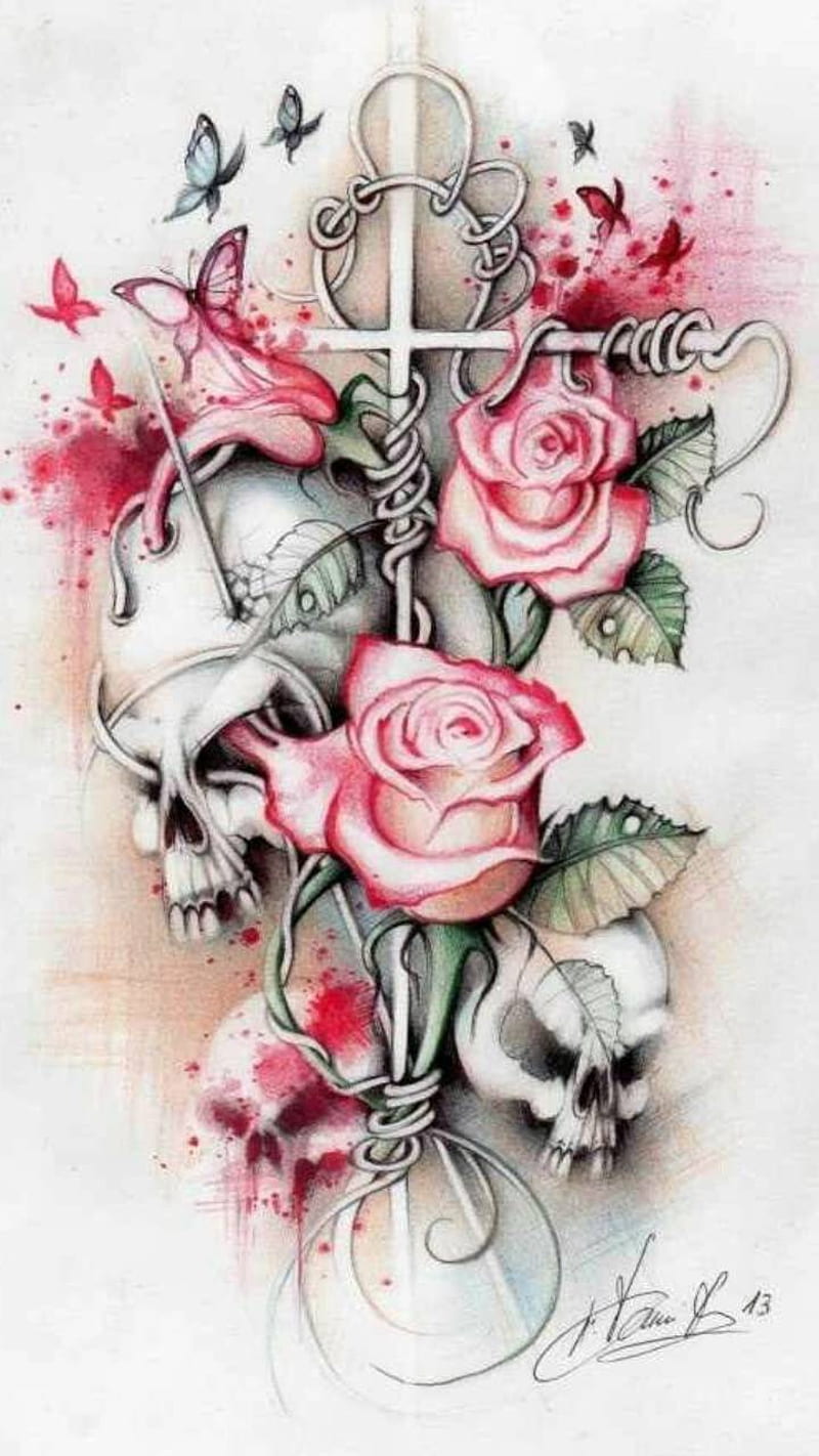 Skull roses, roses, skull, HD phone wallpaper