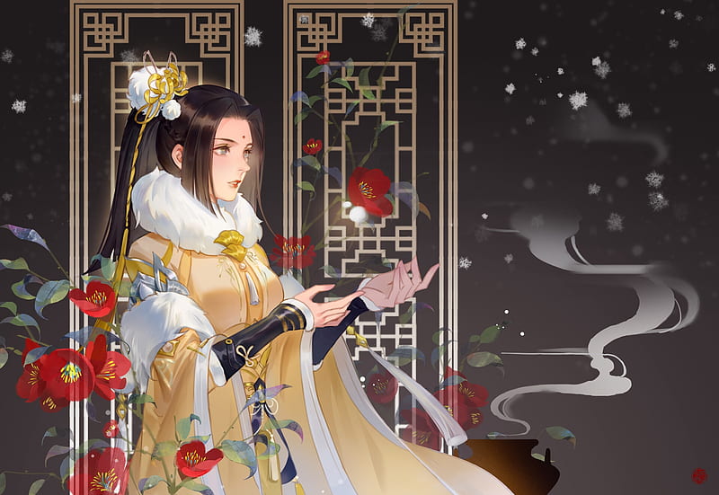 Snow White and camellia red, camellia, red, fantasy, girl, asian, flower, yoki w, HD wallpaper