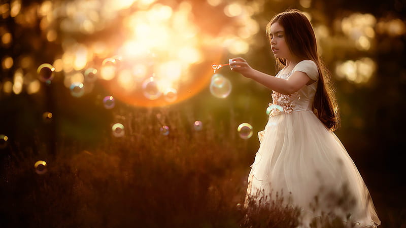 Cute Little Girl Is Playing With Bubbles In Dry Grass Field Wearing White Dress Cute, HD wallpaper