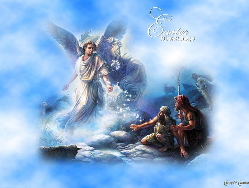 Easter Blessings, pretty, holidays, lord, easter, clouds, shepards, christ, jesus, lamb, blue, angel, spring, sky, blessings, spirit, sheep, white, HD wallpaper