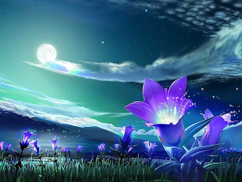 Lunar Blossom, stars, grass, sky, clouds, blossom, moon, flower, pollen, night, HD wallpaper