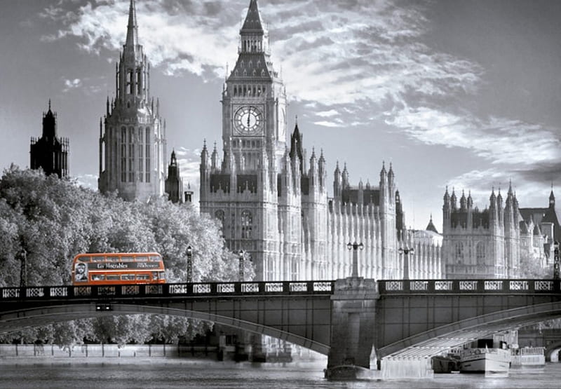 Big Red Bus, red, thames, transport, black and white, bus, big, london, parliament, big ben, HD wallpaper