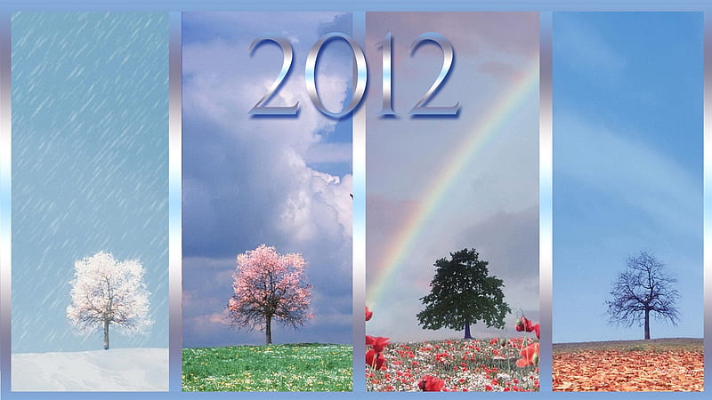 Seasons 2012, fall, autumn, spring, rainbow, trees, sky, clouds, winter, leaves, snow, summer, flowers, HD wallpaper