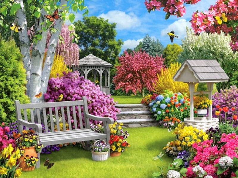 Spring Blossoms, bench, love four seasons, birds, butterflies, spring, attractions in dreams, flowers, garden, nature, wishing well, gazebo, butterfly designs, HD wallpaper