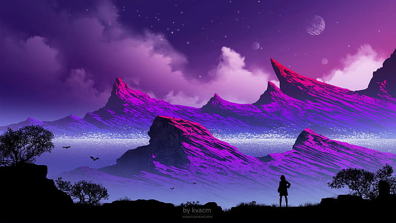 Fantasy, mountain, michal kvac, luminos, black, pink, silhouette, HD wallpaper