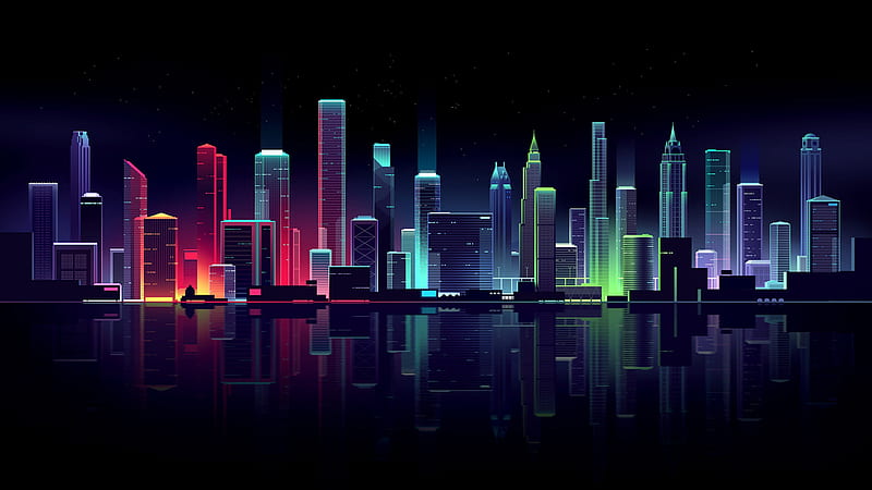 cityline, skyscrapers, night, digital art, City, HD wallpaper