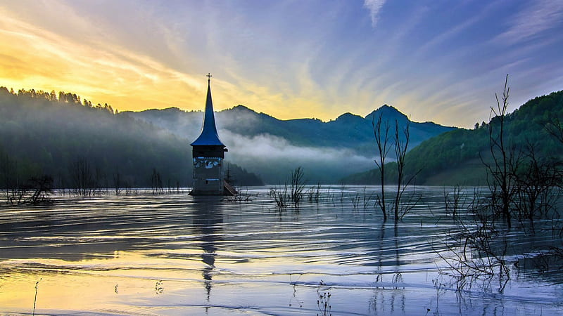 underwater church in a flooded lake, steeple, mountains, church, lake, fog, HD wallpaper