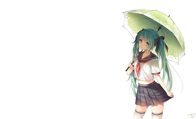 Hurry!!, vocaloid, umbrella, greenish blue hair, waiting, anime, miku hatsune, white, seifuku, school uniform, HD wallpaper