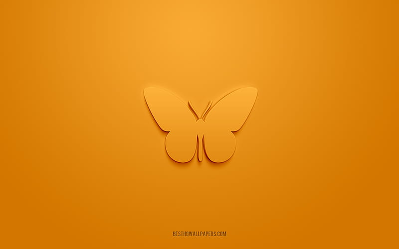 Butterfly 3d icon, orange background, 3d symbols, Butterfly, Insects icons, 3d icons, Butterfly sign, Insects 3d icons, HD wallpaper